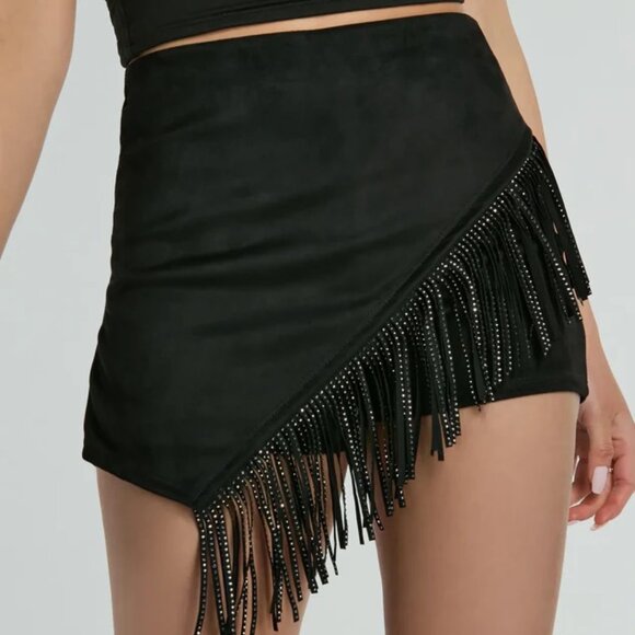 Windsor Pants - Rhinestone Fringe Faux Suede Skort in Black, Size Small, from Windsor